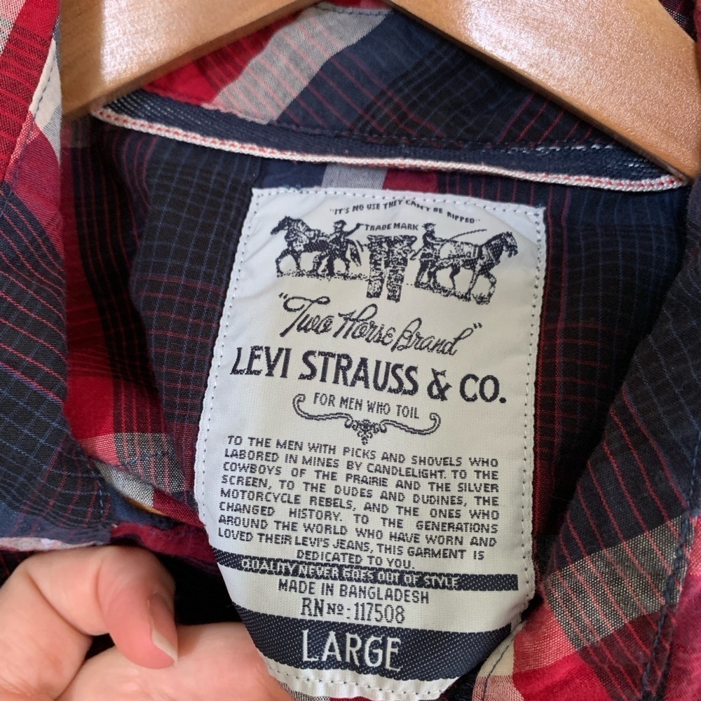 LEVI’S western plaid Pearl snap shirt blue Red White Plaid sz L button down EUC - Picture 6 of 11